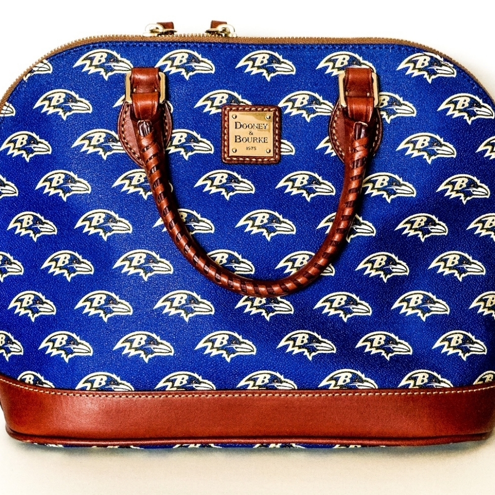 Dooney & Bourke Blue and Brown Logo Shoulder Bag & Two Raven Mugs